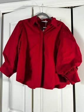 Reserved Red Button-Front Puff Sleeve Top